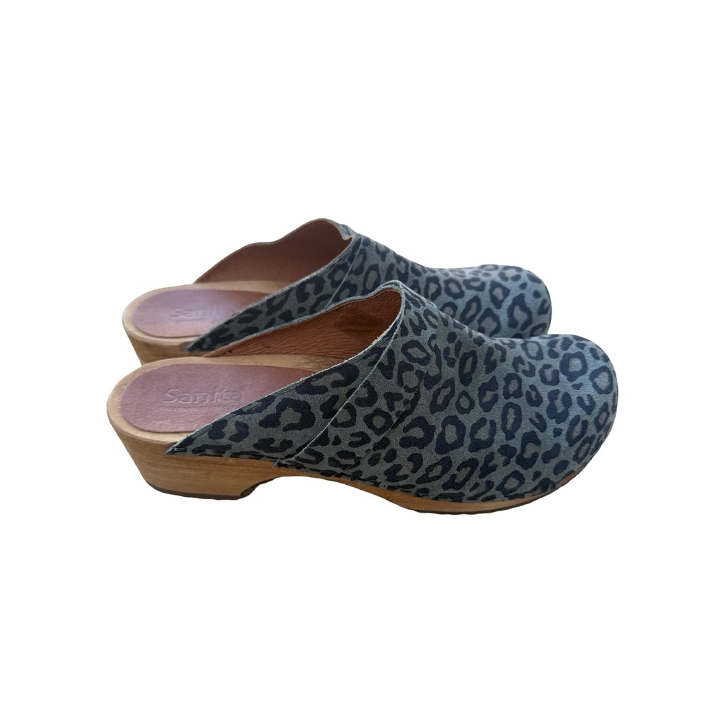 Sanita Leopard Print Suede Wooden Clogs Grey Black Animal Mules 40/9-9.5 - Picture 2 of 8